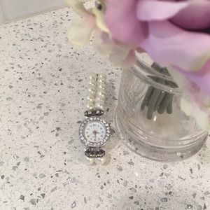 Faux pearl and rhinestone bracelet watch